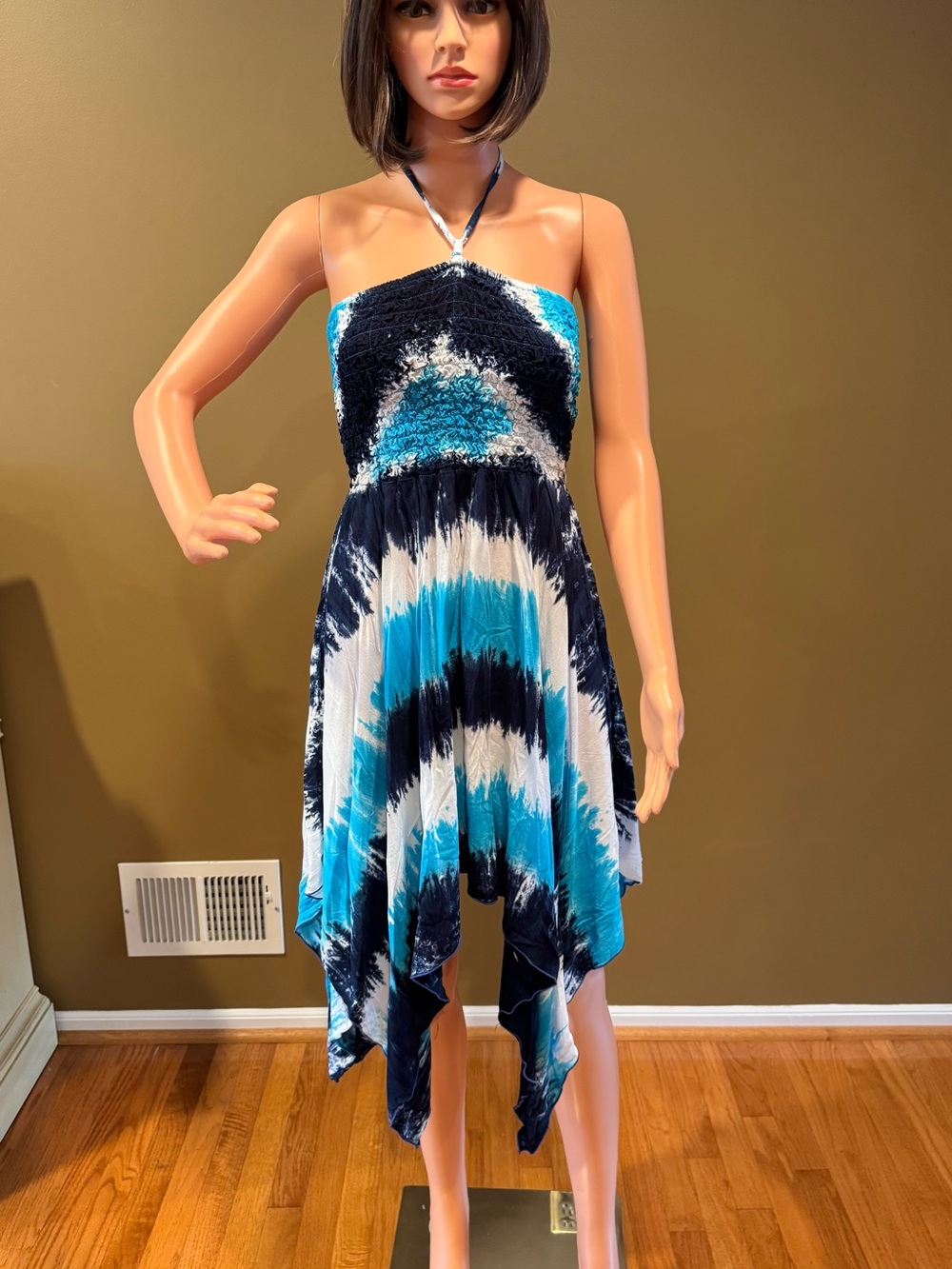 Youth Girls Blue Tie-Dye Halter Handkerchief Hem Dress